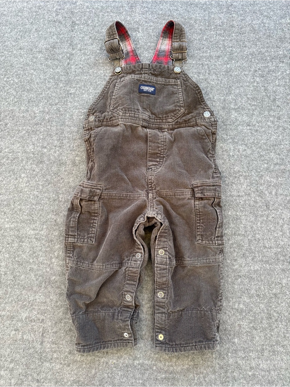 OshKosh brown corduroy overalls with red plaid lining size 18 months